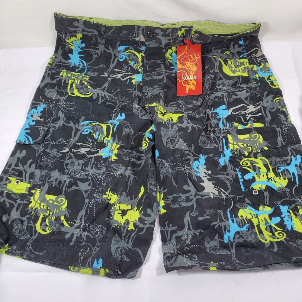 3XL Koman Big & Tall Mens Shorts Baggy Skats Board Cargo Shorts Trunks Black Vtg